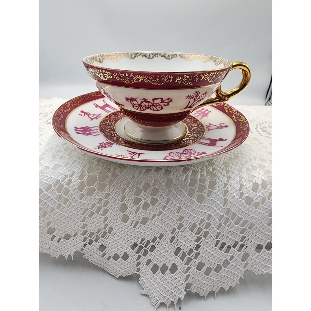 Vintage Interco Chicago Tea‎ Cup and Saucer Set Burgundy Gold Victorian Japan